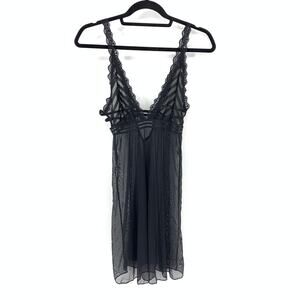 Mapale M Black Baby Doll Lingerie Plunging Neckline Lace Trim Sheer Mesh NEW